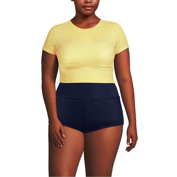 Land's End Plus Tugless Cap Sleeve Midkini Swim Top sweet mango mini stripe 22W - Picture 2 of 6